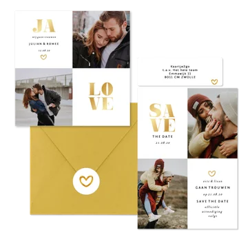 Stijlvolle trouwset met fotocollage in wit en goud